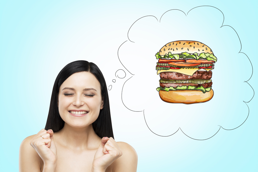 sóvárgás, étel, nő hamburger