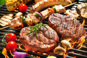 grill, csirke, zöldség, kolbász, marha